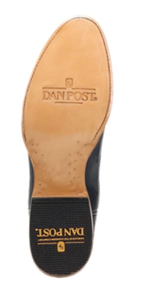 Men's Dan Post America 250 boot bottom view of right boot showing 3/4 welted stitched and pegged leather outsole stamped with "Dan Post" and Dan Post labeled rubber base to the heel stack.