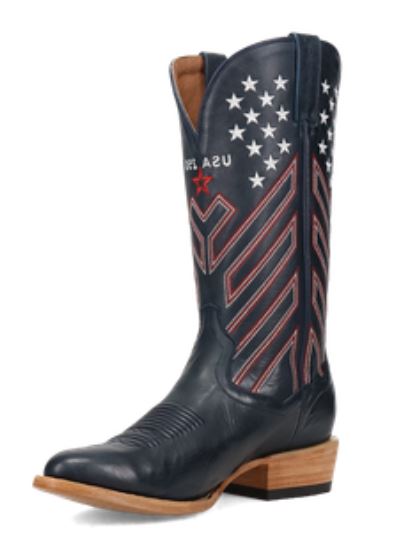 Men's Dan Post America boot 250 in navy blue with red and white stitching resembling flag stripes that are angled up toward the side seams and 12 embroidered small white stars near the top of the shaft on front and back. At front shaft scallop embroidered "USA 250" above an outlined red star. Top of boot has a total of 50 stars. Angled inside instep front view.