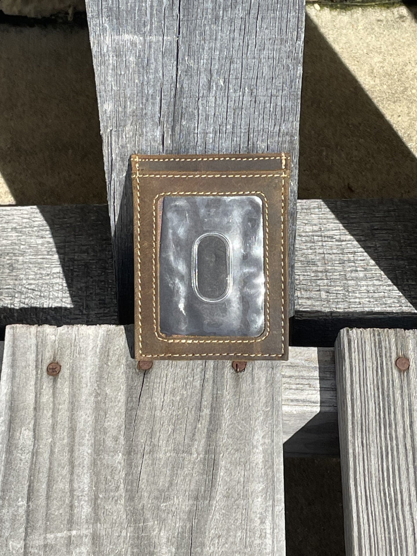 Back view of Zep Pro Cotton Concho Vintage Tan Leather Front Pocket Wallet showing clear ID back window.