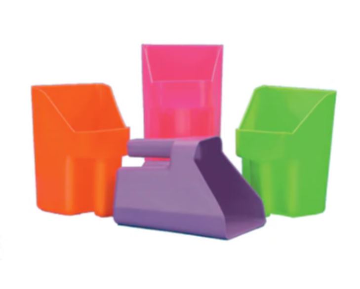 Assorted Tolco enclosed plastic feed scoops in orange, hot pink, lime green, and purple.