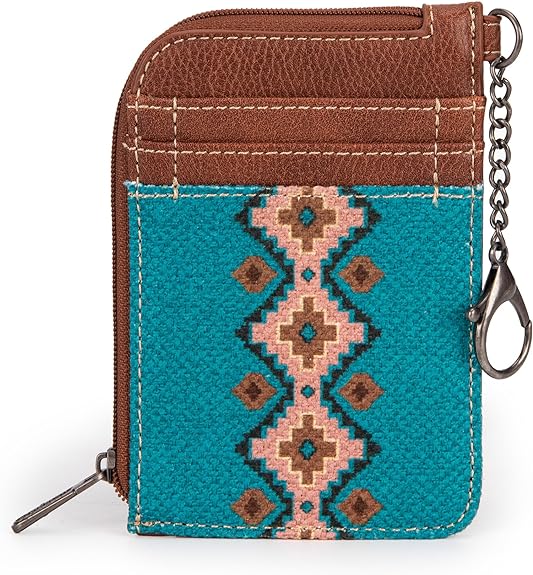 A mini zip card case with a southwestern art print, featuring a geometric pattern in pink, brown, and blue, combined with a blue canvas body and PU leather accents.