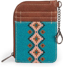A mini zip card case with a southwestern art print, featuring a geometric pattern in pink, brown, and blue, combined with a blue canvas body and PU leather accents.