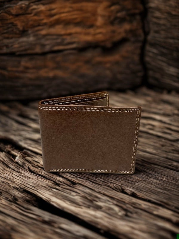 Coffee Brown leather bifold wallet. Front View