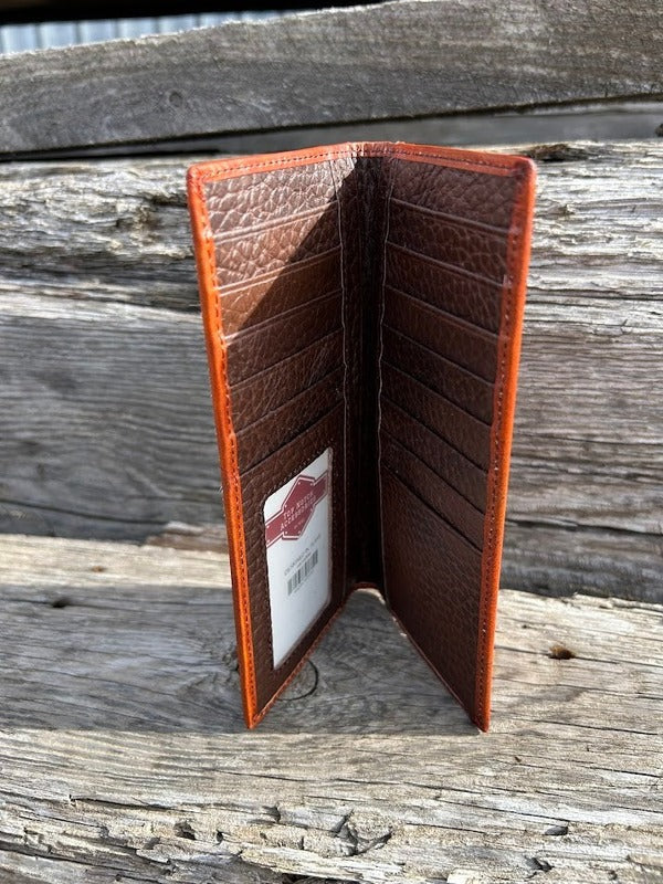 Brown Basketweave leather tall wallet with a Praying Cowboy Concho on a cowhide inlay. Inside view showing multiple card slots and ID window. 
