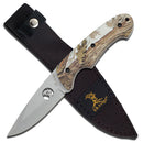This Elk Ridge fixed blade knife with a camouflage coated handle and a stainless steel blade comes with a black nylon sheath.