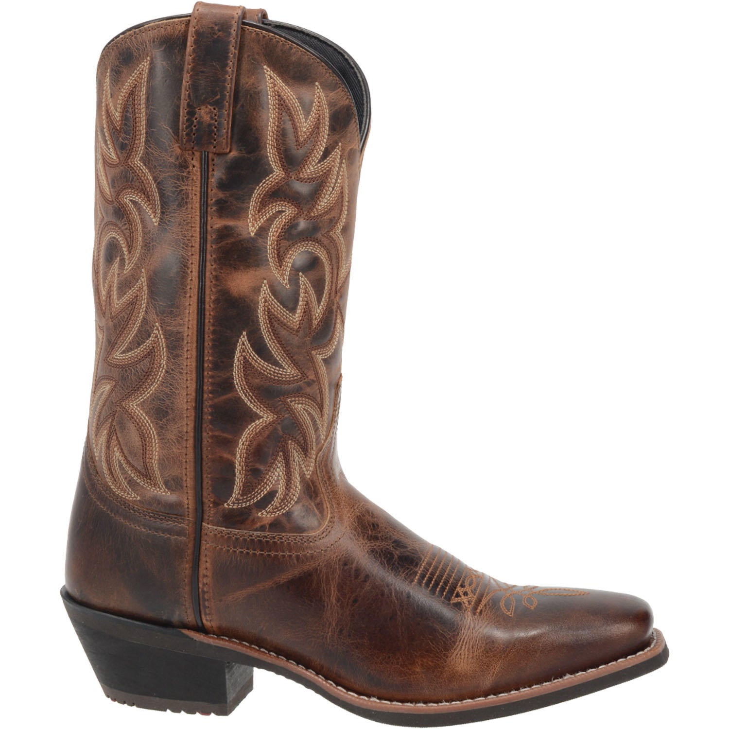 A side view of the Laredo brown, leather, square-toe cowboy boot with intricate embroidery details.
