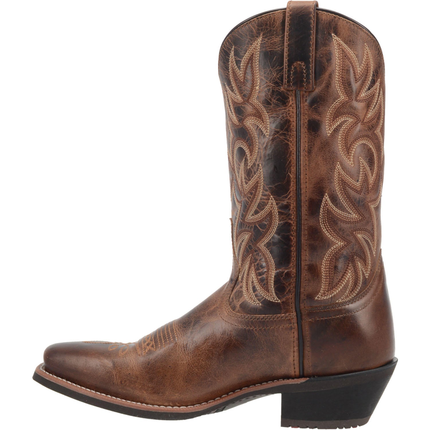 A instep side view of the Laredo brown, leather, square-toe cowboy boot with intricate embroidery details.