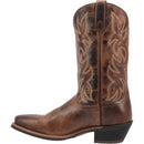 A instep side view of the Laredo brown, leather, square-toe cowboy boot with intricate embroidery details.
