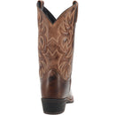 A heel view of the Laredo brown, leather, square-toe cowboy boot with intricate embroidery details.