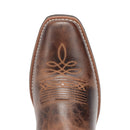 A toe profile view of the Laredo brown, leather, square-toe cowboy boot with intricate embroidery details.