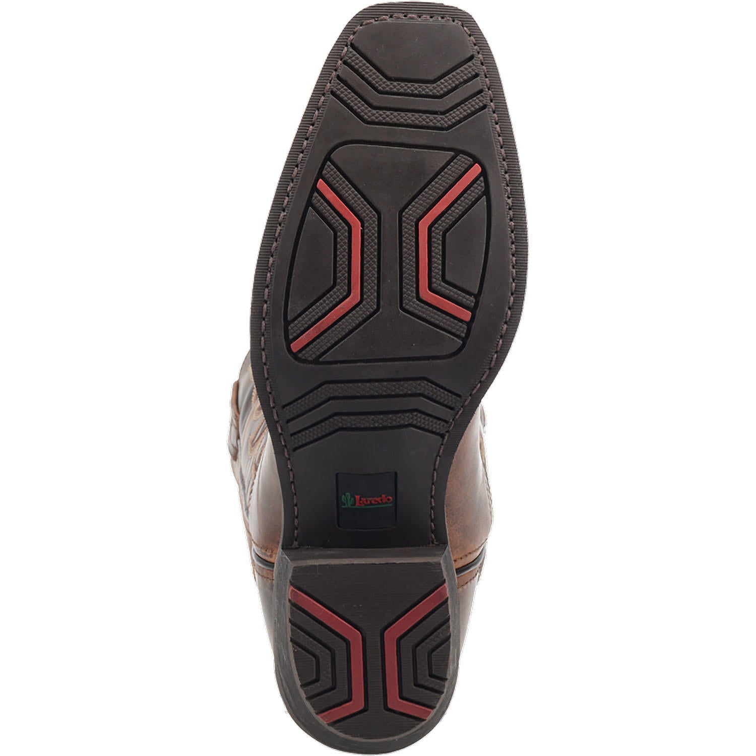 A outsole view of the Laredo brown, leather, square-toe cowboy boot with intricate embroidery details and rubber outsole.