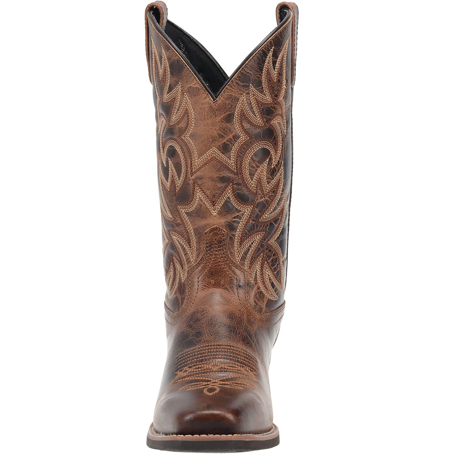 A front view of the Laredo brown, leather, square-toe cowboy boot with intricate embroidery details.