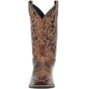 A front view of the Laredo brown, leather, square-toe cowboy boot with intricate embroidery details.