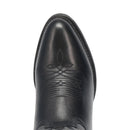 A toe profile view of a men's Laredo brand black 12 inch birchwood R toe cowboy boot.