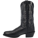A instep side view of a men's Laredo brand black 12 inch birchwood R toe cowboy boot.