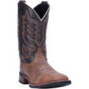 A profile view of a men's Laredo brand square toe cowboy boots with a brown and black design.