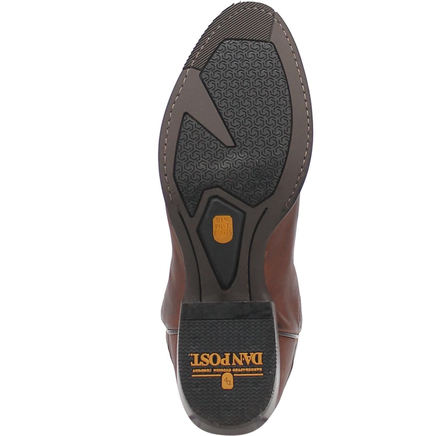A outsole view of a men's Dan Post DP3388 13-inch Cottonwood Brown Round Toe Boots with embossed pattern on the leather rubber sole.