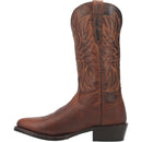 A instep side view of a men's Dan Post DP3388 13-inch Cottonwood Brown Round Toe Boots with embossed pattern on the leather.