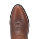 A toe profile view of a men's Dan Post DP3388 13-inch Cottonwood Brown Round Toe Boots with embossed pattern on the leather.