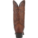 A heel view of a men's Dan Post DP3388 13-inch Cottonwood Brown Round Toe Boots with embossed pattern on the leather.