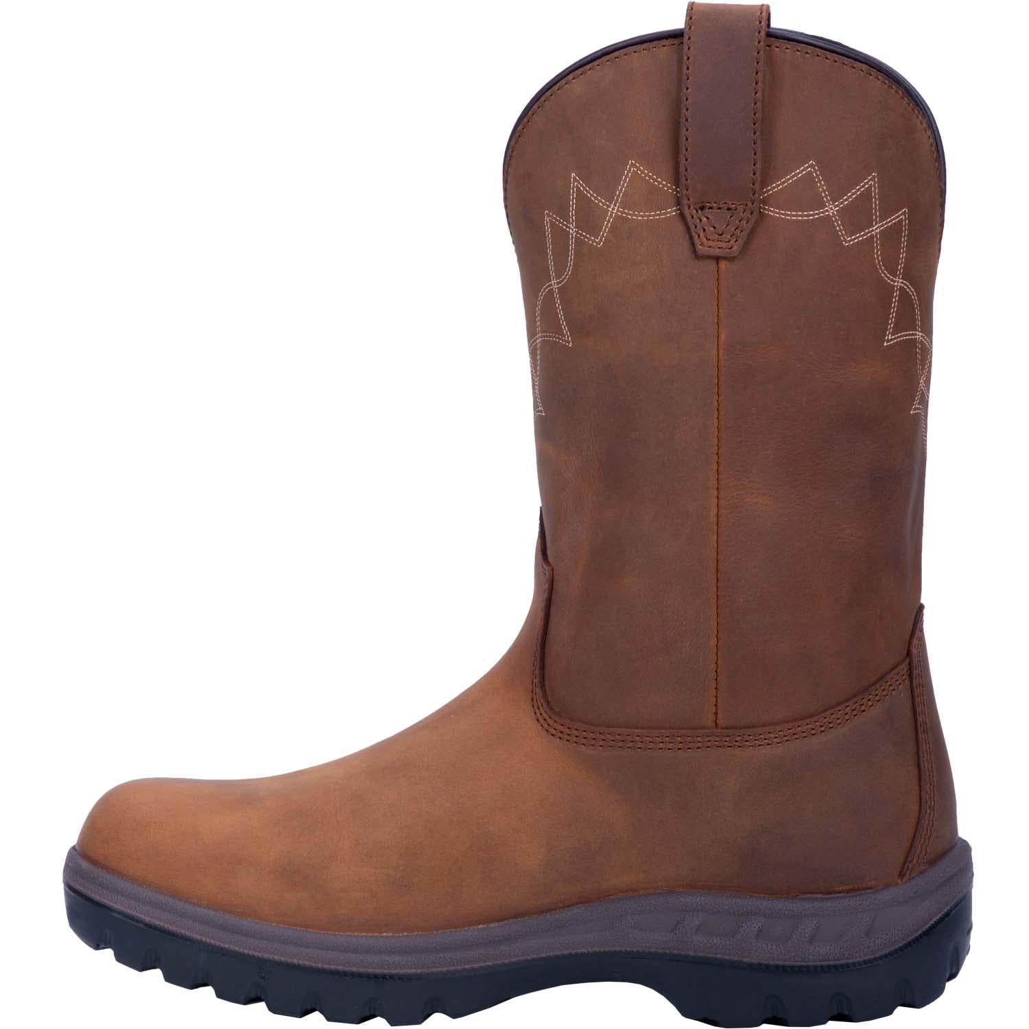A instep side view of a brown, waterproof, leather men's wellington boot with a round toe and a non-slip sole.