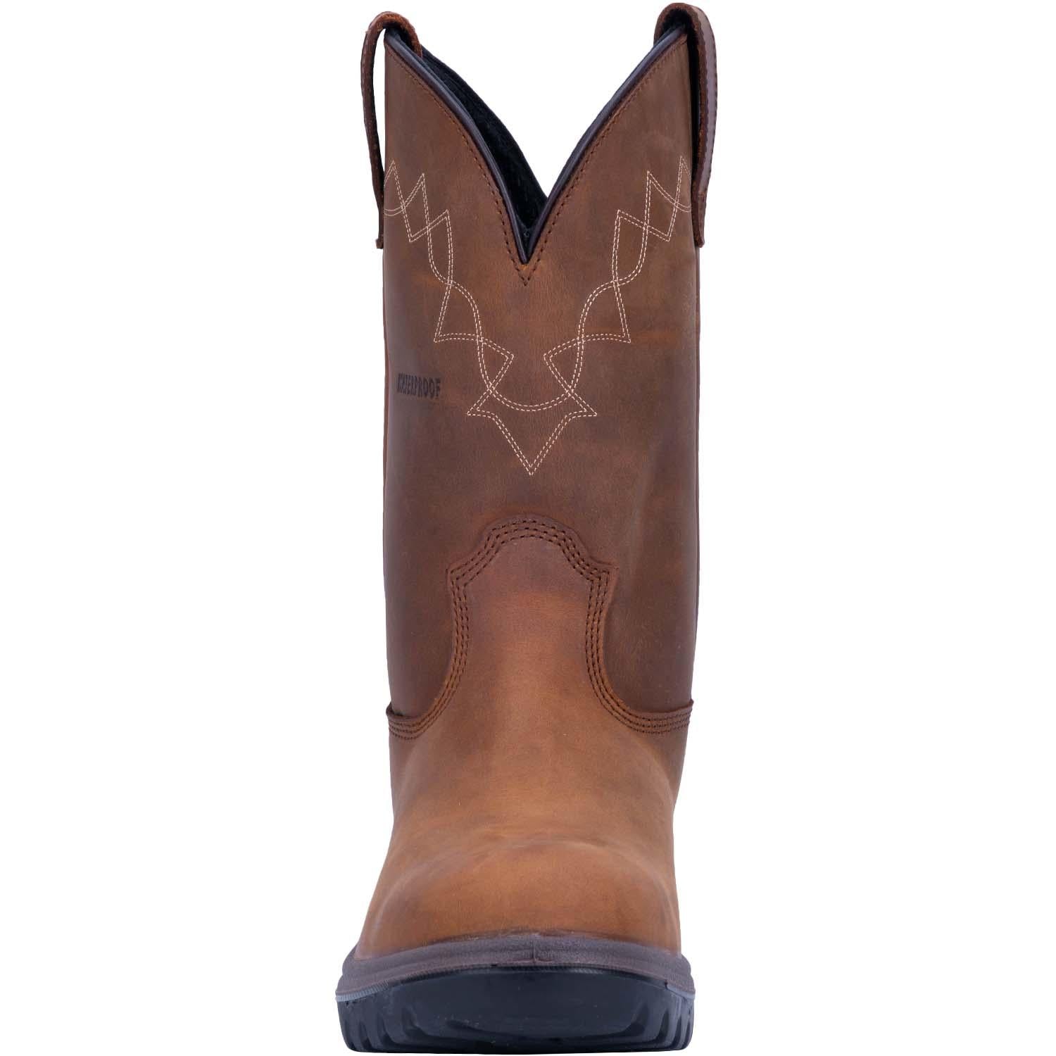 A front view of a brown, waterproof, leather men's wellington boot with a round toe and a non-slip sole.