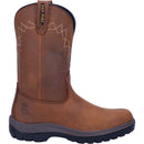 A side view of a brown, waterproof, leather men's wellington boot with a round toe and a non-slip sole.