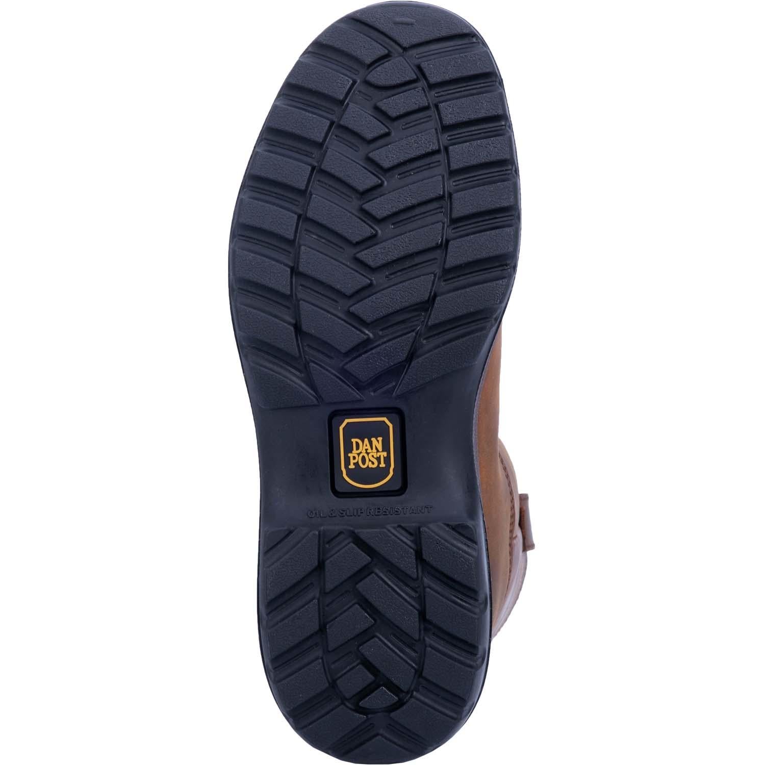 A outsole view of a brown, waterproof, leather men's wellington boot with a round toe and a non-slip sole.