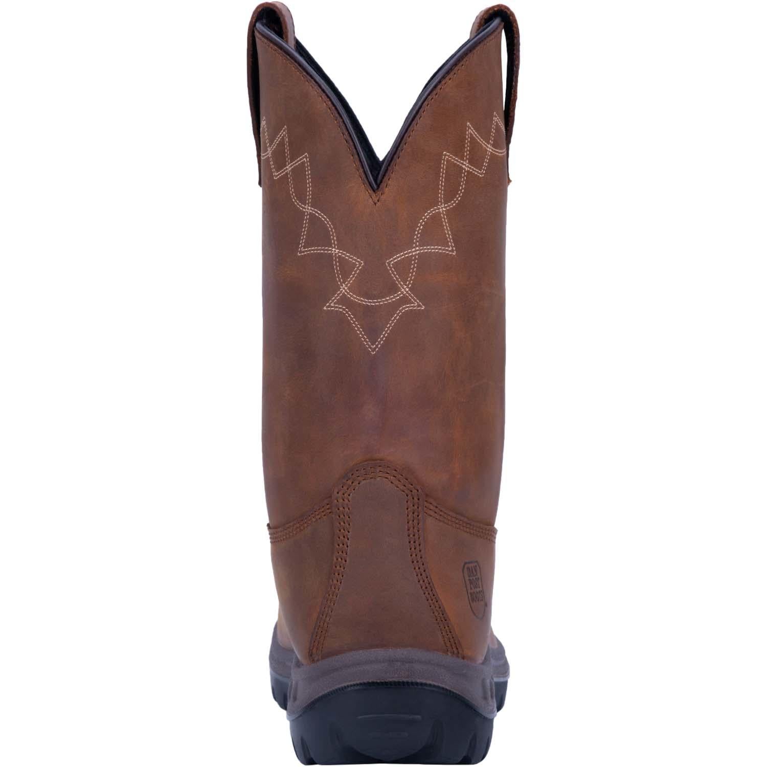 A back view of a brown, waterproof, leather men's wellington boot with a round toe and a non-slip sole.