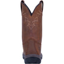 A back view of a brown Dan Post steel toe Wellington boot with a round toe and waterproof construction.