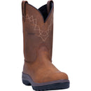 A front profile view of a brown Dan Post steel toe Wellington boot with a round toe and waterproof construction.