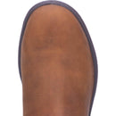A top view of a brown Dan Post steel toe Wellington boot with a round toe and waterproof construction.