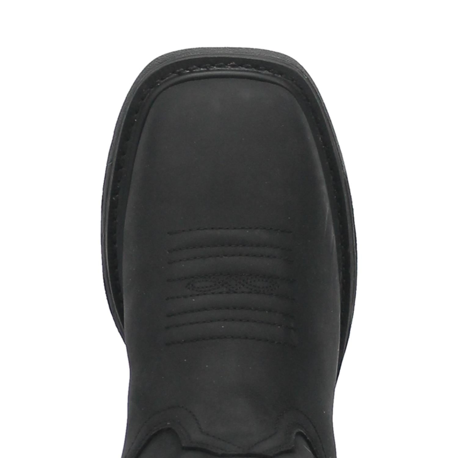 A toe view of a black waterproof leather Dan Post boot with a square toe and a low heel, designed for men.