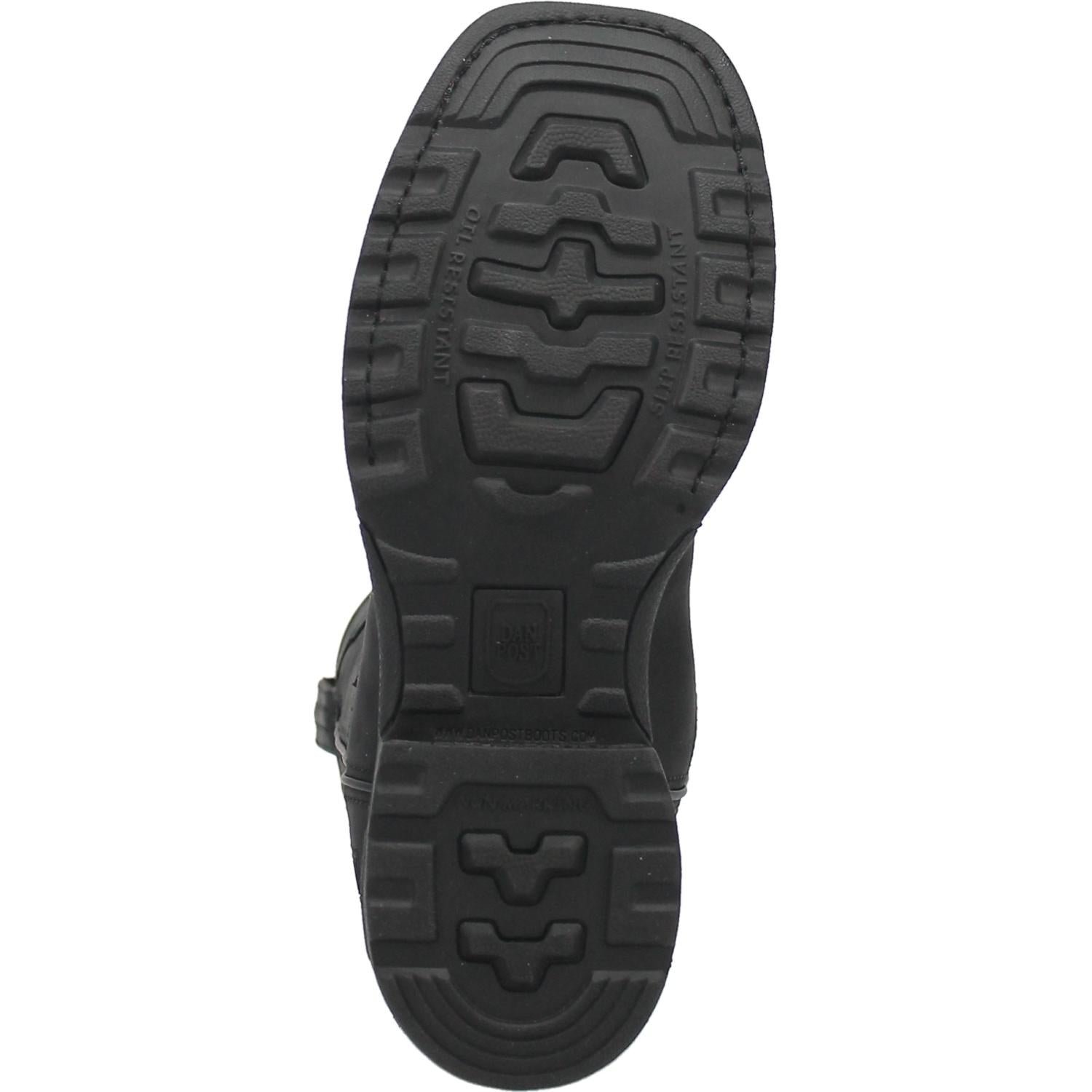 A outsole view of a black waterproof leather Dan Post boot with a square toe and a low heel, designed for men.