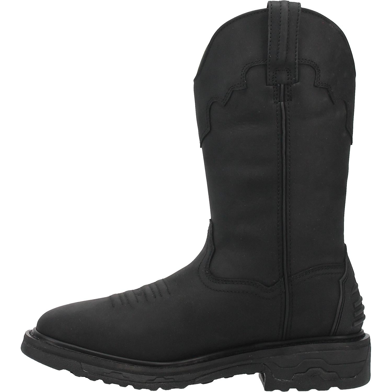 A instep side view of a black waterproof leather Dan Post boot with a square toe and a low heel, designed for men.