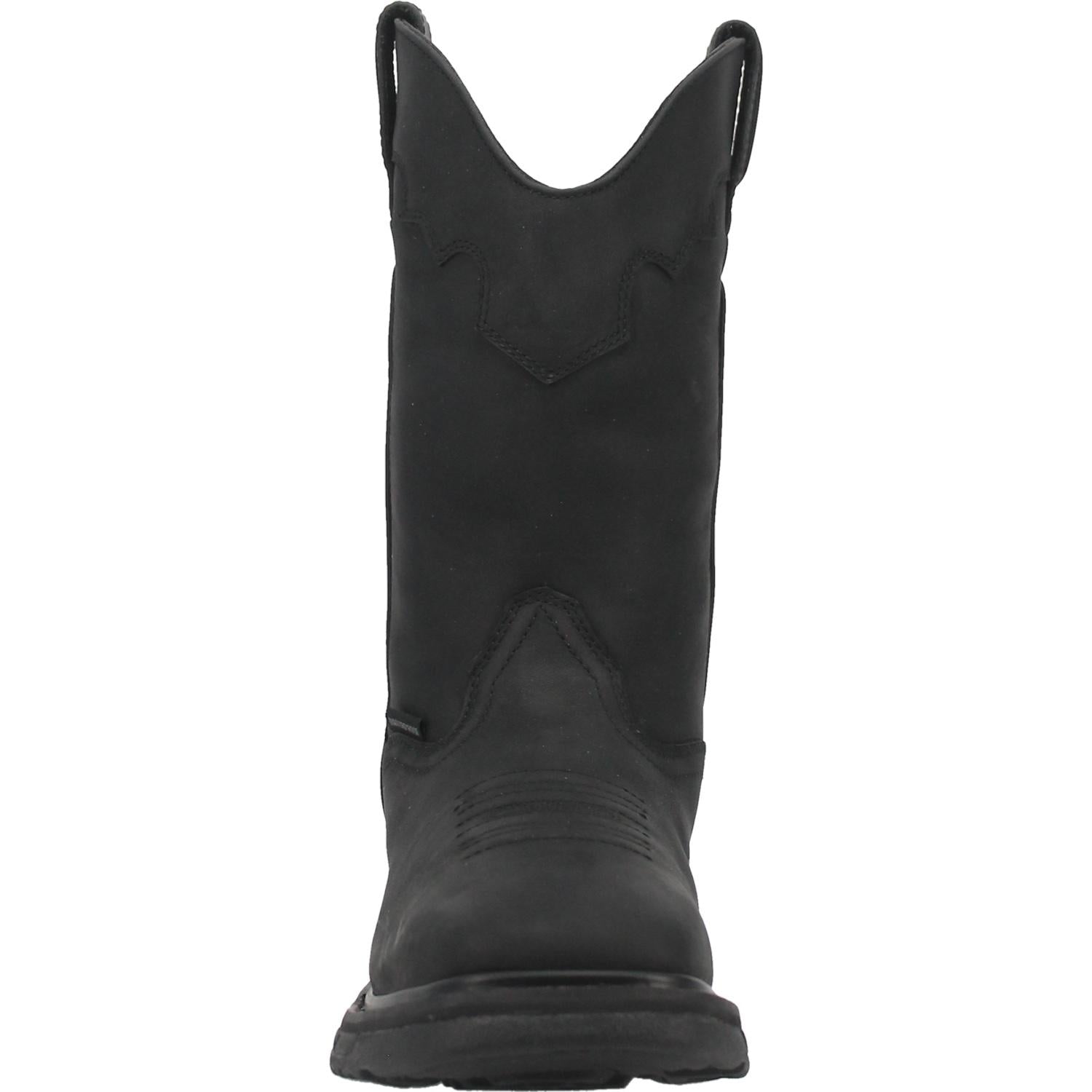 A front view of a black waterproof leather Dan Post boot with a square toe and a low heel, designed for men.