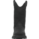 A front view of a black waterproof leather Dan Post boot with a square steel toe and a low heel, designed for men.