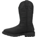 A instep side view of a black waterproof leather Dan Post boot with a square steel toe and a low heel, designed for men.