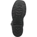 A outsole view of a black waterproof leather Dan Post boot with a square steel toe and a low heel, designed for men.