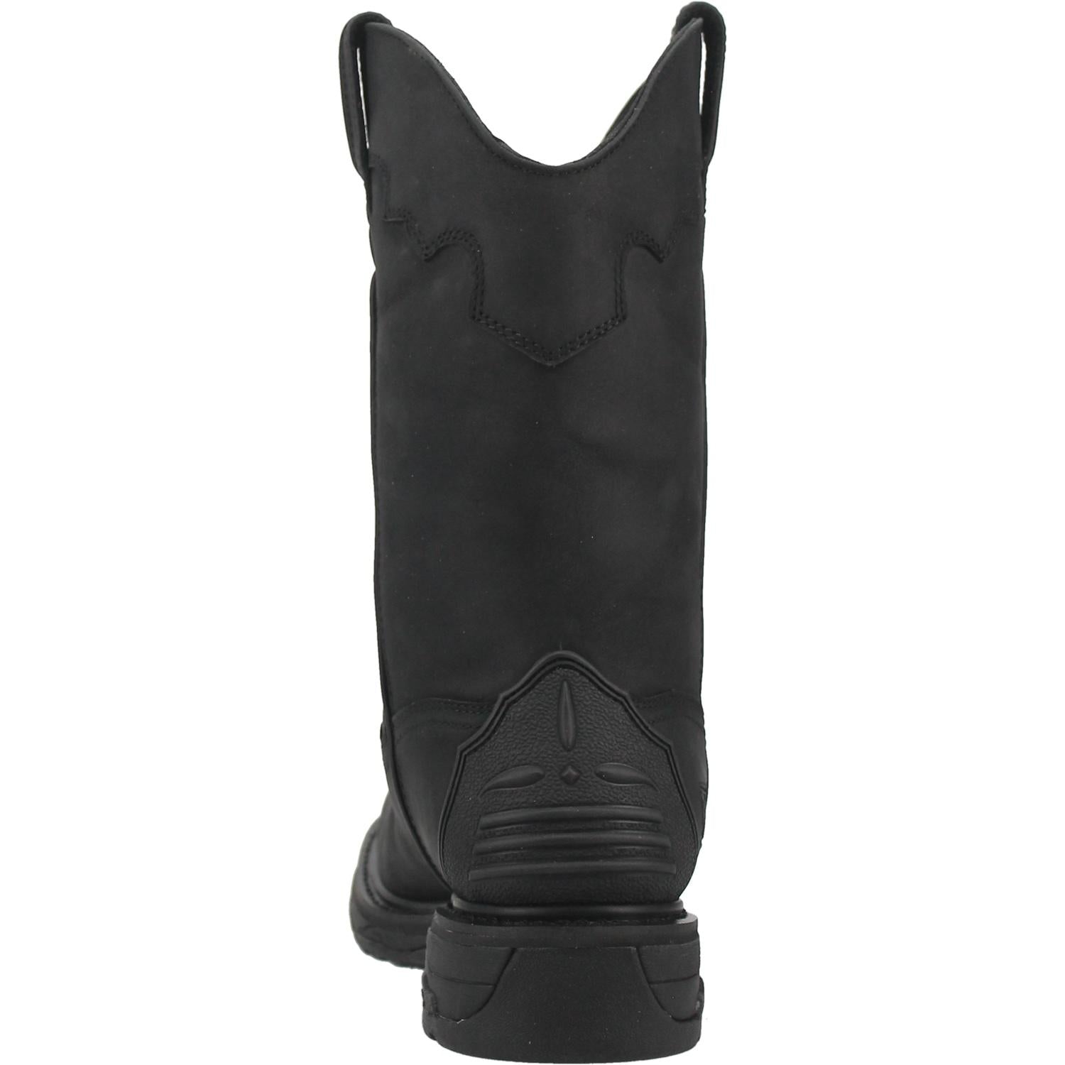A back view of a black waterproof leather Dan Post boot with a square steel toe and a low heel, designed for men.