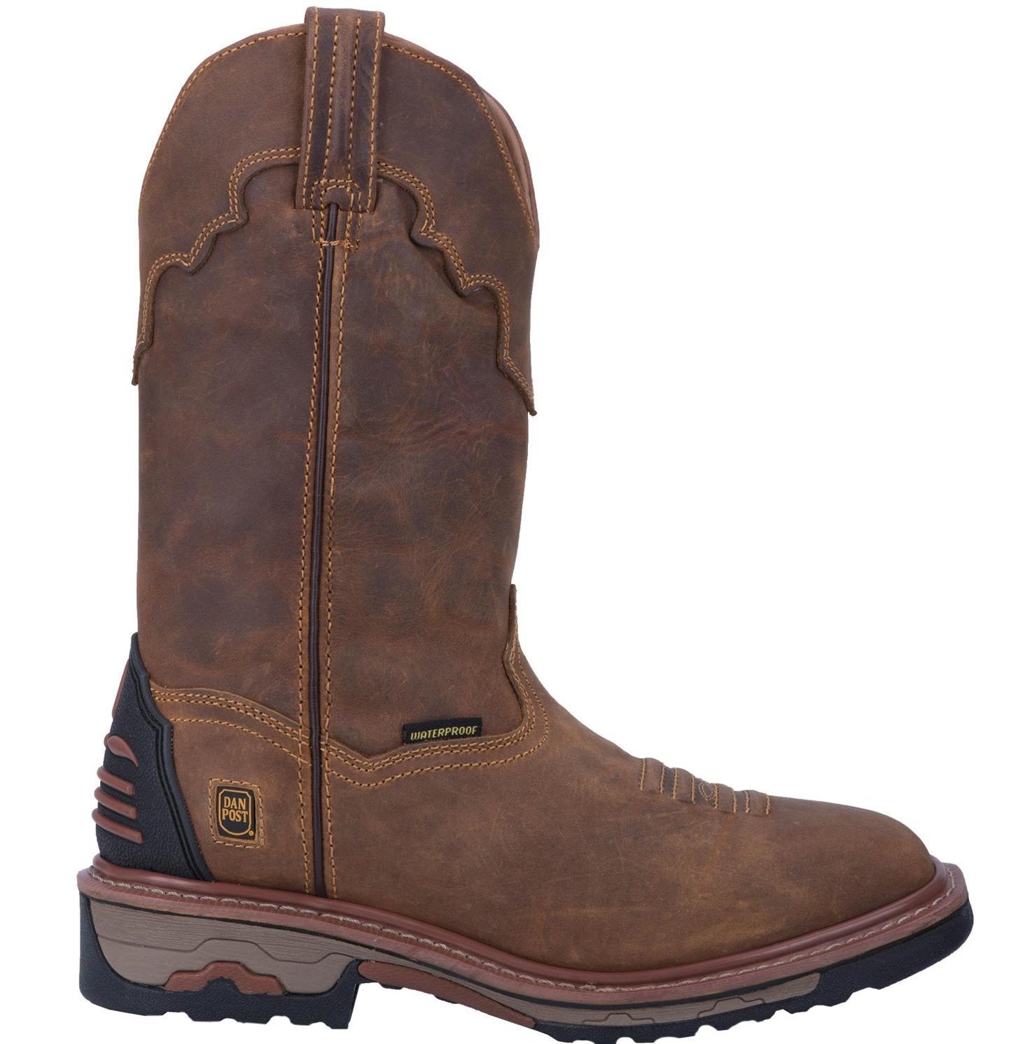 A side view of a brown, leather Dan Post DP69482 men's boot with a square toe and steel toe protection.