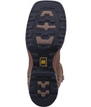 A outsole view of a brown, leather Dan Post DP69482 men's boot with a square toe and steel toe protection.