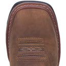 A toe view of a brown, leather Dan Post DP69482 men's boot with a square toe and steel toe protection.