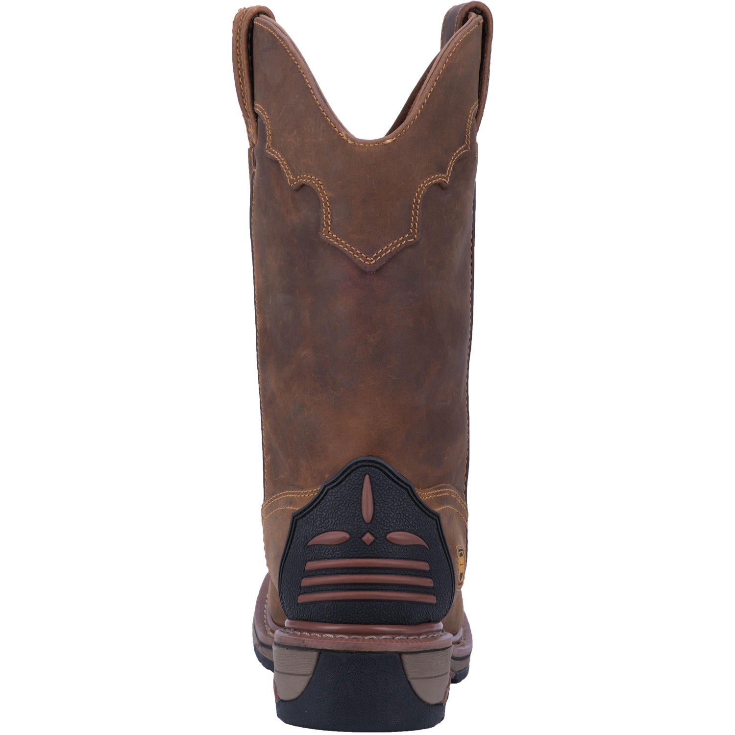 A back view of a brown, leather Dan Post DP69482 men's boot with a square toe and steel toe protection.