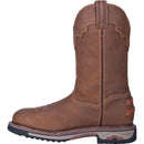 A instep side view of a brown, leather men's work Dan Post boot with a round toe and a 11-inch shaft height. It features a rubber outsole and a removable orthotic.