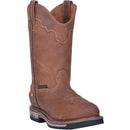 A profile view of a brown, leather men's work Dan Post boot with a round toe and a 11-inch shaft height. It features a rubber outsole and a removable orthotic.
