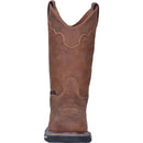 A toe view of a brown, leather men's work Dan Post boot with a round toe and a 11-inch shaft height. It features a rubber outsole and a removable orthotic.