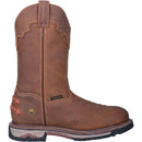A side view of a brown, leather men's work Dan Post boot with a round toe and a 11-inch shaft height. It features a rubber outsole and a removable orthotic.