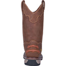 A back view of a brown, leather men's work Dan Post boot with a round toe and a 11-inch shaft height. It features a rubber outsole and a removable orthotic.