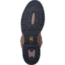 A outsole view of a brown, leather men's work Dan Post boot with a round toe and a 11-inch shaft height. It features a rubber outsole and a removable orthotic.